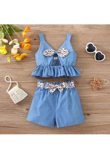 2pcs Toddler Girl Leopard Print Bowknot Design Cut Out Ruffle Denim Camisole and Belted Shorts Set