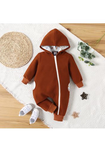 Baby Girl/Boy Rainbow Print Zipper Hooded Long-sleeve Brown Romper