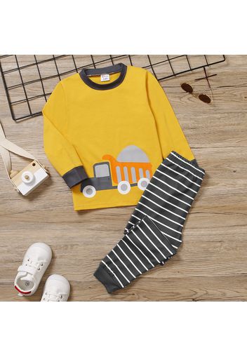 2-piece Toddler Girl/Boy Vehicle Embroidered Long-sleeve Top and Stripe Pants Lounge Set