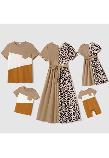 Family Matching Short-sleeve Solid Spliced Leopard Belted Dresses and Colorblock T-shirts Sets