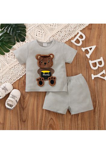 2pcs Baby Boy 3D Cartoon Bear Design Grey Waffle Short-sleeve Top and Shorts Set