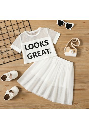 2pcs Toddler Girl Letter Print Mesh Design Shirt Tee and White Skirt Set