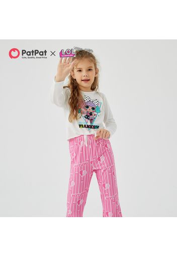 L.O.L. SURPRISE! 2pcs Kid Girl Cartoon Print Tie Knot Long-sleeve White Tee and Stripe Heart Leopard Print Pink Flared Pants Set