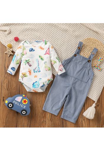 2pcs Baby Boy All Over Multi-color Dinosaur Print Long-sleeve Romper and Solid Corduroy Overalls Set