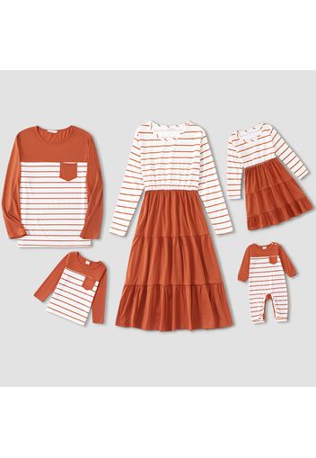 Family Matching Striped Long-sleeve Splicing Tiered Dresses and T-shirts Sets