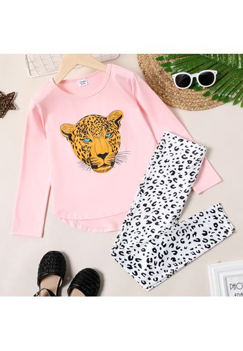 2-piece Kid Girl Animal Leopard Print High Low Long-sleeve Tee and Elasticized Pants Set