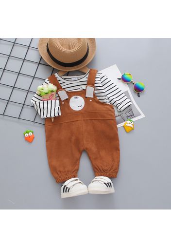 2pcs Baby Cartoon Bear 3D Ears Overalls and Striped Long-sleeve T-shirt Set