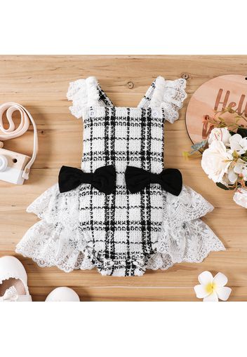 Baby Girl Black and White Tweed Splicing Lace Bowknot Sleeveless Romper