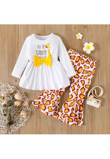 2pcs Toddler Girl Bowknot Design Letter Giraffe Print Long-sleeve Tee and Allover Print Flared Pants Set