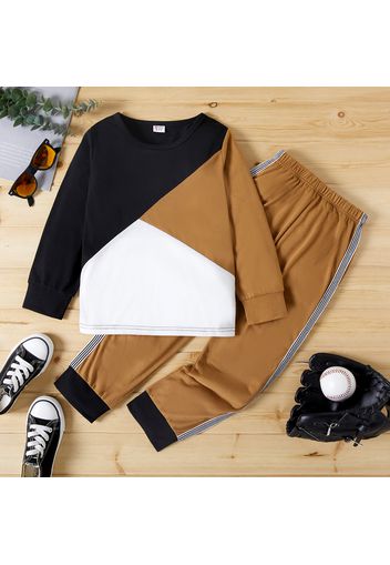 2pcs Kid Boy Casual Colorblock Pullover Sweatshirt and Striped Pants Set