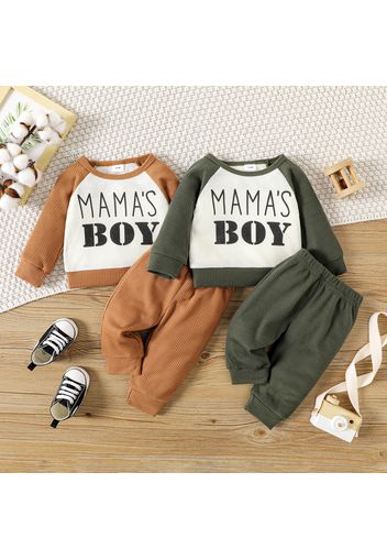 2pcs Baby Boy Letter Print Raglan-sleeve Waffle Sweatshirt and Sweatpants Set