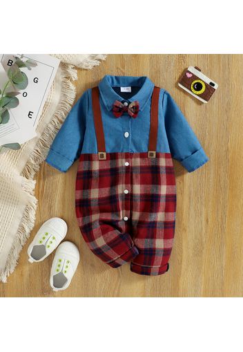 Baby Boy/Girl Colorblock Plaid Faux-two Bow Tie Decor Long-sleeve Snap Jumpsuit