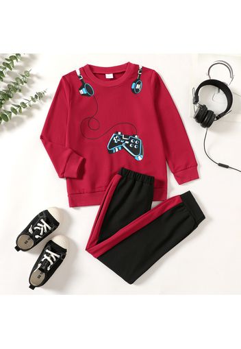 2-piece Kid Boy Game Console Print Pullover Sweatshirt and Colorblock Pants Set