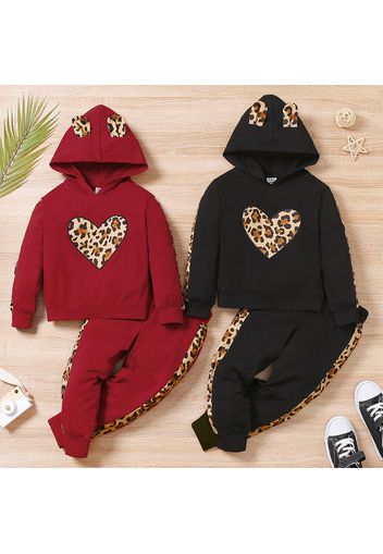 2-piece Toddler Girl Leopard Print Heart Pattern Hoodie Sweatshirt and Pants Set