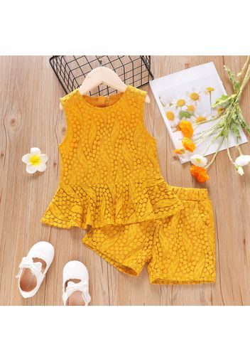 2pcs Toddler Girl Lace Design Sleeveless Yellow Top and Elasticized Shorts Set