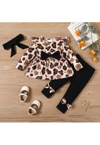 3pcs Baby Girl Bow Front Leopard Print Ruffle Trim Long-sleeve Dress and Leggings with Headband Set