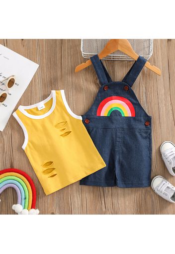 100% Cotton 2pcs Baby Boy/Girl Sleeveless Ripped Tank Top and Rainbow Print Denim Overalls Shorts Set