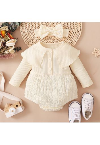 2pcs Baby Solid Ribbed Long-sleeve Splicing Seersucker Romper Set