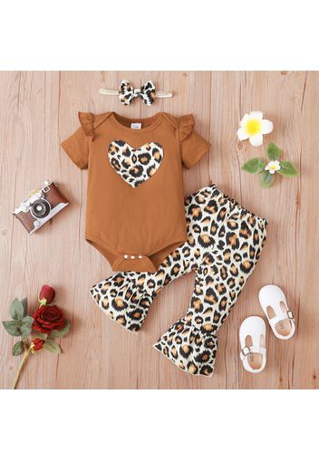 3pcs Baby Girl Leopard Love Heart Print Ruffle Short-sleeve Romper and Flared Pants with Headband Set