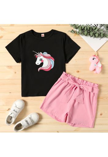 2-piece Kid Girl Unicorn Print Short-sleeve Black Tee and Belted Paperbag Shorts Set