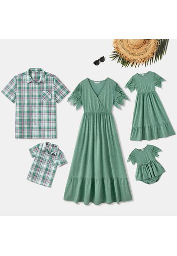 Family Matching Green V Neck Lace Short-sleeve Dresses and Plaid Button Up Shirts Sets