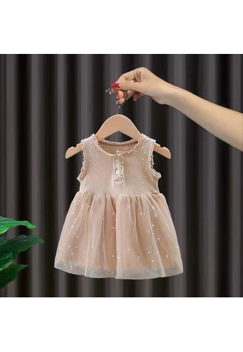 Toddler Girl Button Lace Mesh Design Sleeveless Beige Dress