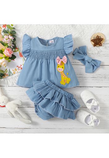 100% Cotton 3pcs Baby Girl Cartoon Giraffe Embroidered Imitation Denim Flutter-sleeve Top and Layered Shorts with Headband Set