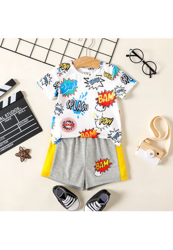 2pcs Baby Boy All Over Letter Print Short-sleeve T-shirt and Colorblock Shorts Set