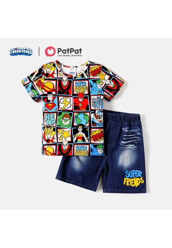 DC Super Friends 2pcs Kid Boy Allover Print Short-sleeve Tee and Denim Shorts Set