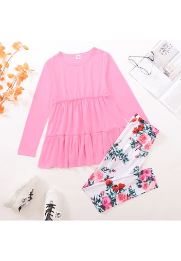 2-piece Kid Girl Solid Color Tiered Long-sleeve Top and Floral Print Leggings Set