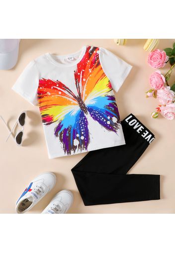 2pcs Kid Girl Unicorn Print Tie Dyed/ Butterfly Print Short-sleeve Tee and Letter Print Black Leggings Set