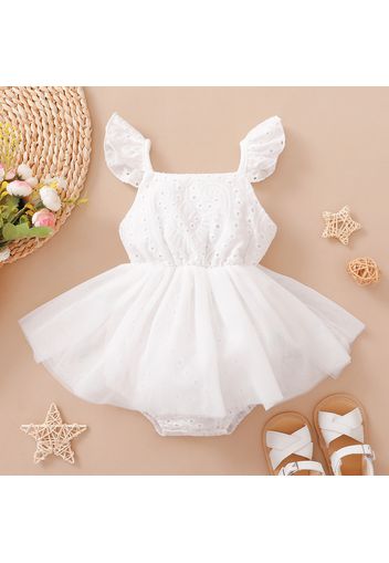 Baby Girl Solid Hollow Out Floral Embroidered Flutter-sleeve Mesh Romper Dress