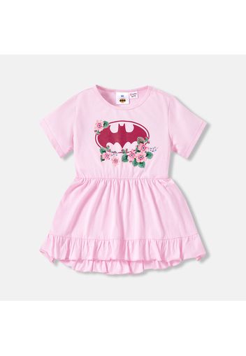 Batman 2pcs Kid Girl Floral Print Ruffled High Low Short-sleeve Pink Cotton Tee and Elasticized Pants Set