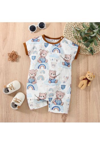 Baby Boy/Girl All Over Cartoon Bear Print Dropped Shoulder Short-sleeve Romper