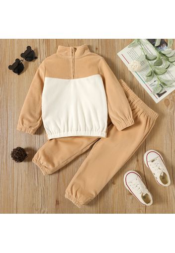 2-piece Toddler Girl Colorblock Zipper Stand Collar Corduroy Sweatshirt and Solid Color Pants Set