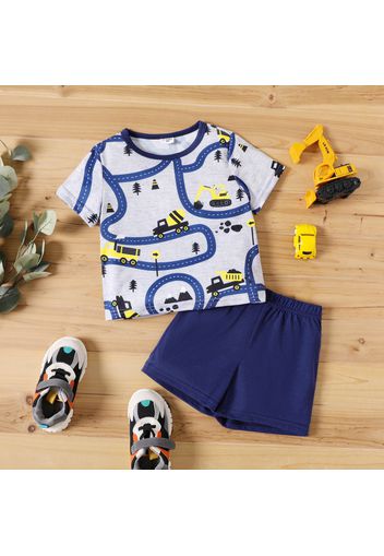 2-piece Toddler Boy Road Vehicle Print Short-sleeve Tee and Elasticized Grey Shorts Set