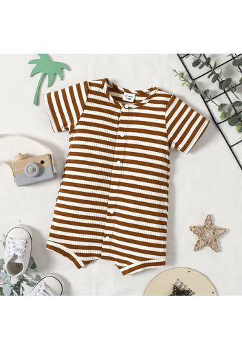 Baby Boy Ribbed Striped/Plant Print Snap Up Short-sleeve Romper