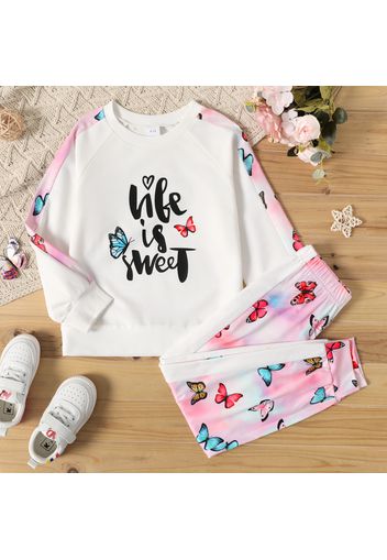 2-piece Kid Girl Letter Butterfly Print Tie Dyed Raglan Sleeve Sweatshirt and Pants Set