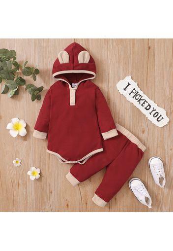 2-piece Baby Girl Ear Button Design Colorblock Long-sleeve Hooded Waffle Romper and Pants Set