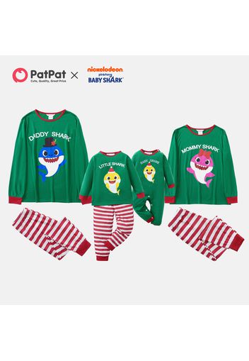 Baby Shark Family Matching Christmas Green Top and Stripe Pants Pajamas Sets
