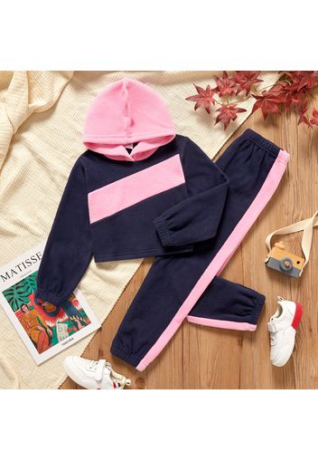 2-piece Kid Girl Colorblock Fuzzy  Hoodie Sweatshirt and Pants Set