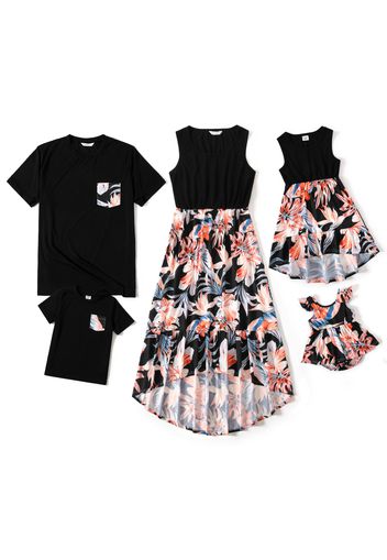 Family Matching Black Splicing Floral Print Irregular Hem Sleeveless Dresses and Short-sleeve T-shirts Sets