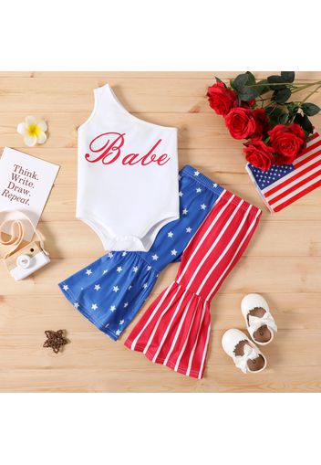 Independence Day 2pcs Baby Girl Letter Print One Shoulder Sleeveless Romper and Stars Striped Splicing Flared Pants Set