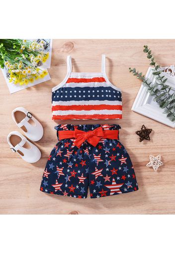 Independence Day 2pcs Toddler Girl Striped Camisole and Stars Print Belted Shorts Set