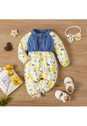 2pcs Baby Girl Button Up Denim Splicing Floral Print Long-sleeve Jumpsuit with Headband Set