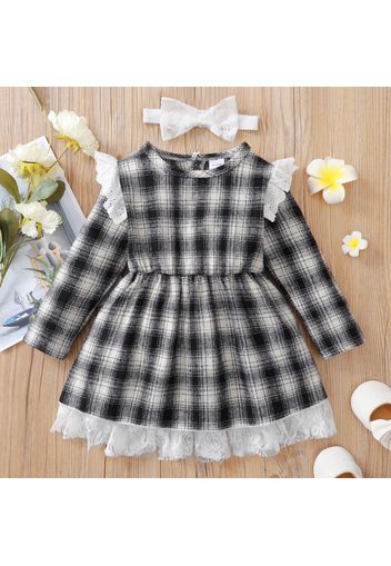 Toddler Girl 100% Ruffled Schiffy Design Plaid Lace Hem Button Design Long-sleeve Dress