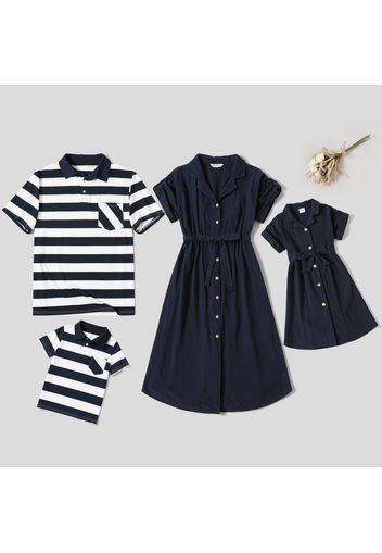 Family Matching Dark Blue 100% Cotton Crepe Short-sleeve Shirt Dresses and Striped Polo Shirts Sets