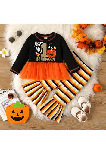 Halloween 2pcs Baby Girl Long-sleeve Mesh Hem Graphic Top and Striped Flared Pants Set