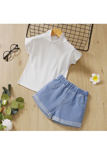 2-piece Toddler Girl Turtleneck White Tee and Elasticized Denim Shorts Set