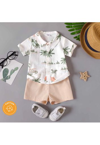 100% Cotton 2pcs Baby Boy Allover Coconut Tree Print Short-sleeve Button Up Shirt and Solid Shots Set